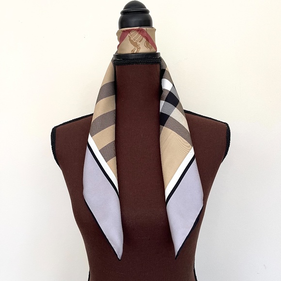 Display # 3 Burberry Scarf Classic Beige Check Gray Border Silk Wrap - Picture 14 of 15